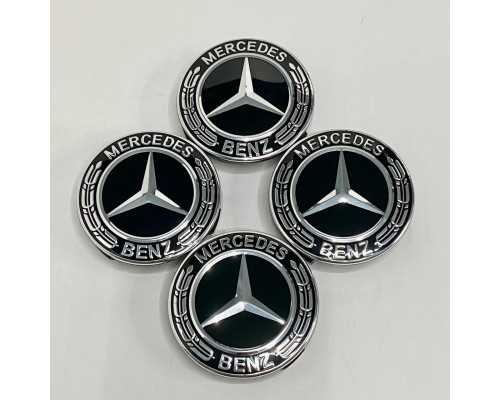 Ковпачки в заводські диски Mercedes-Benz | Чорний глянець + хром | Новий формат | Оригінальний розмір